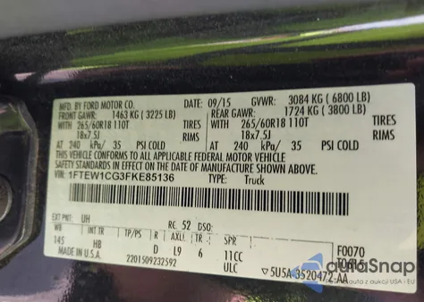 2015 Ford F-150 Lariat из США, поврежденный, VIN 1FTEW1CG3FKE85136